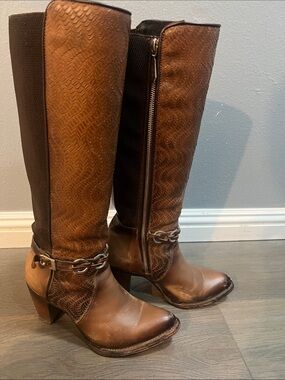 Cuadra Women's Tall Brown Leather Boots with Chain Accent